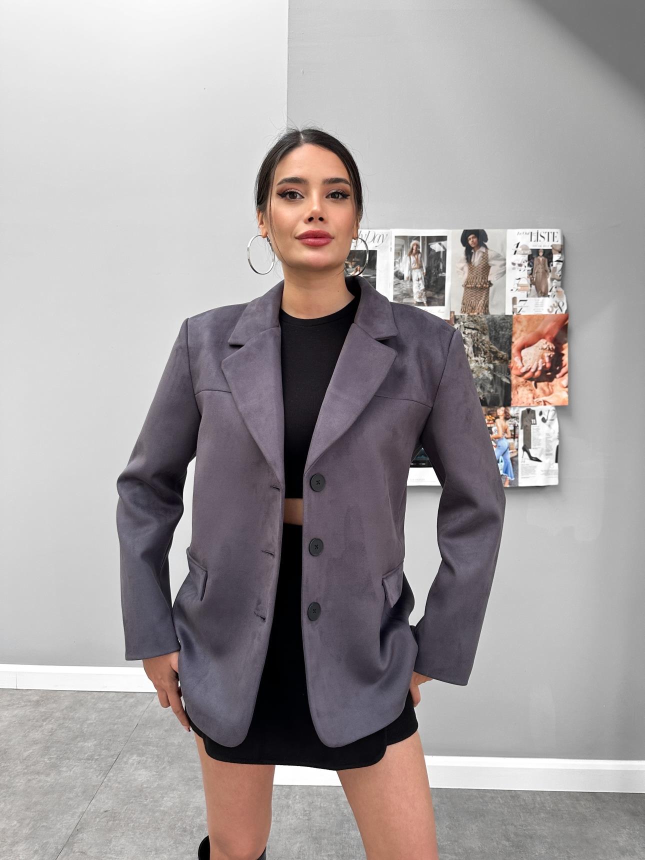 Antrasit Oversize Süet Blazer Ceket