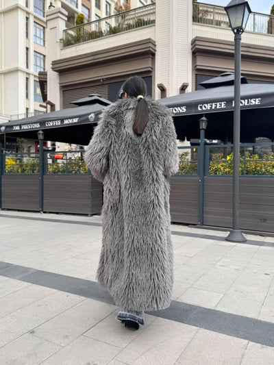Antrasit Saçaklı Premium Uzun Kürk