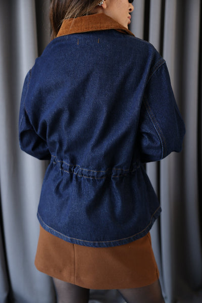 Belden Büzgülü Kadife Yakalı Denim Ceket
