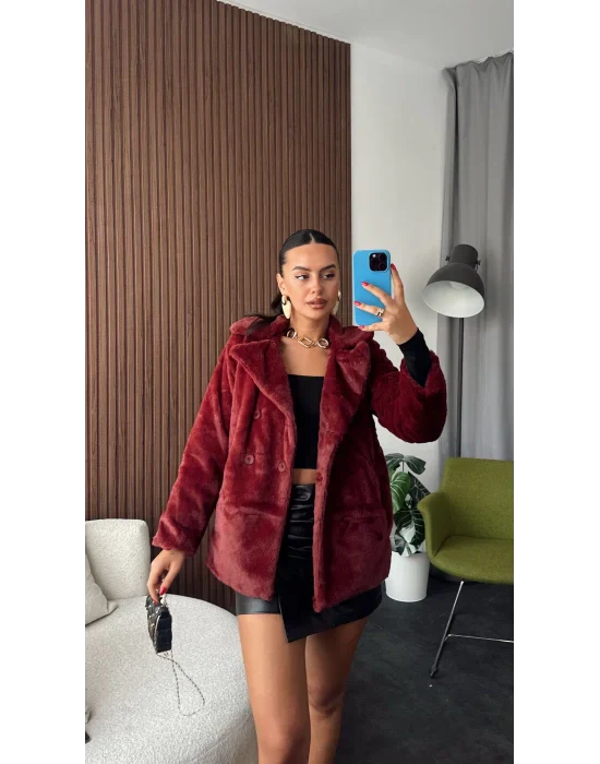 Bordo Peluş Kürk Kaban