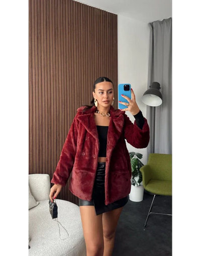 Bordo Peluş Kürk Kaban