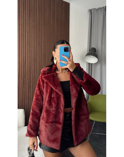 Bordo Peluş Kürk Kaban