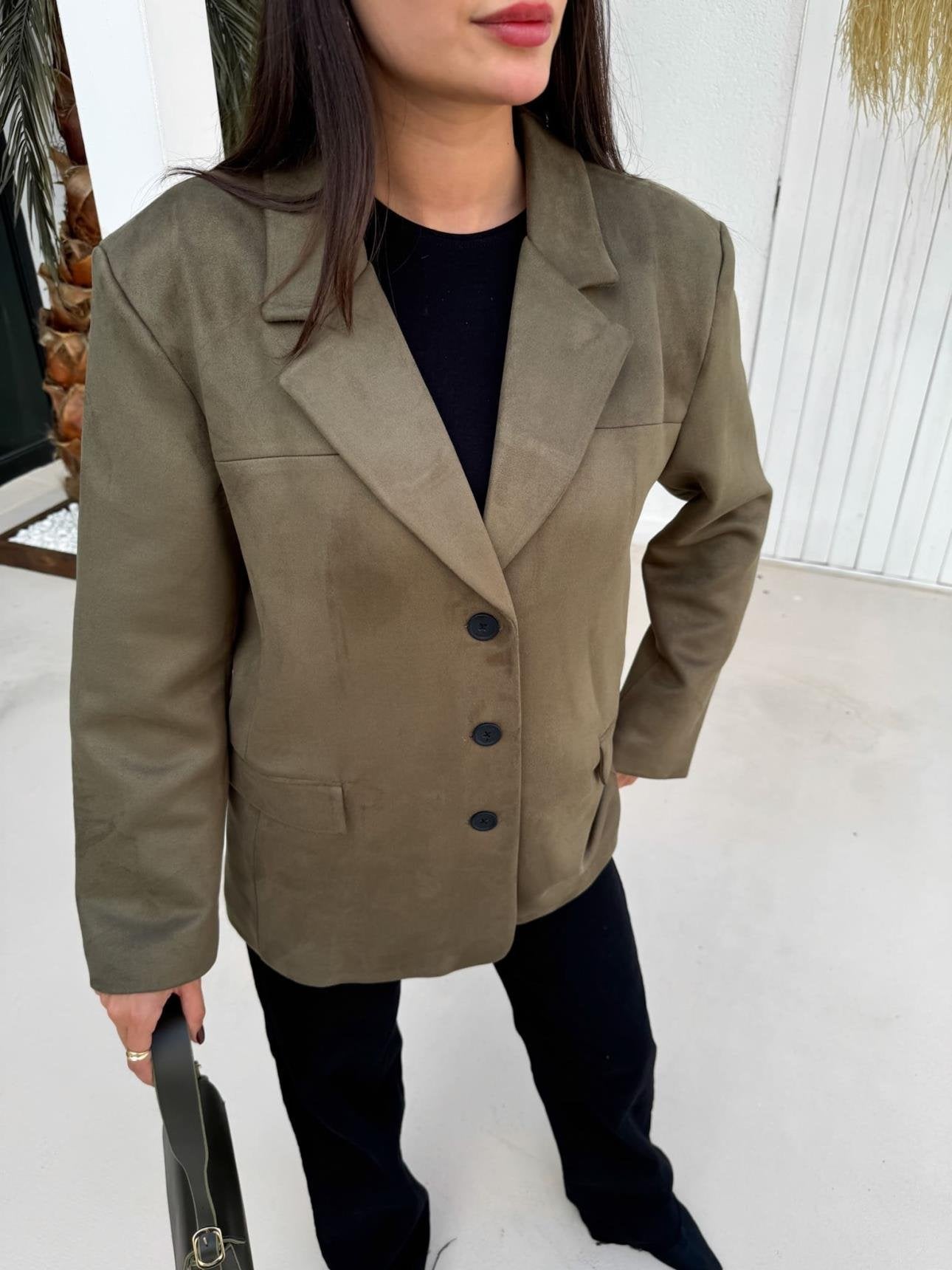 Haki Oversize Süet Blazer Ceket