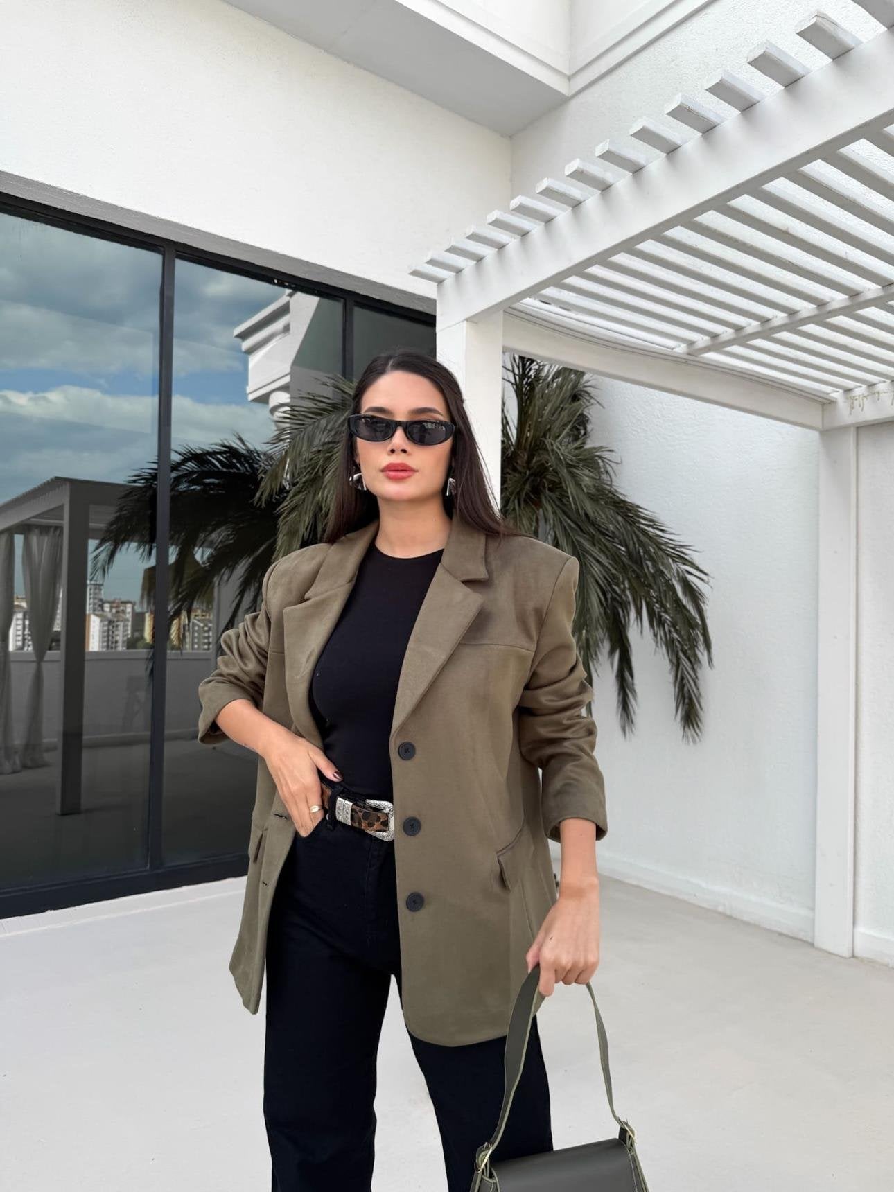 Haki Oversize Süet Blazer Ceket