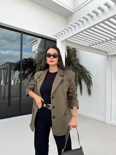 Haki Oversize Süet Blazer Ceket