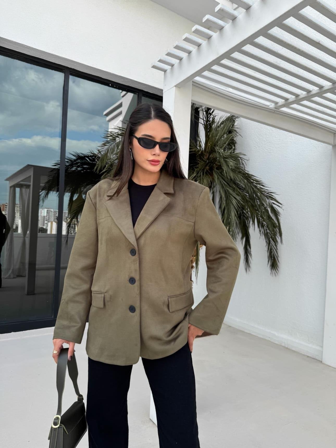 Haki Oversize Süet Blazer Ceket
