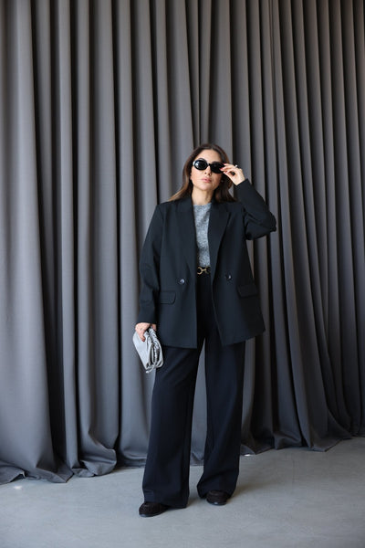 Kruvaze Yaka Çift Cepli Blazer Ceket