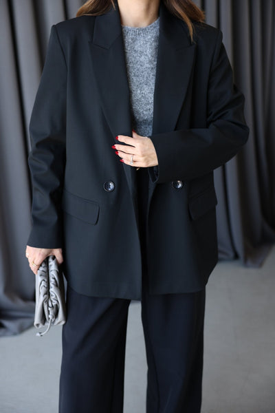 Kruvaze Yaka Çift Cepli Blazer Ceket