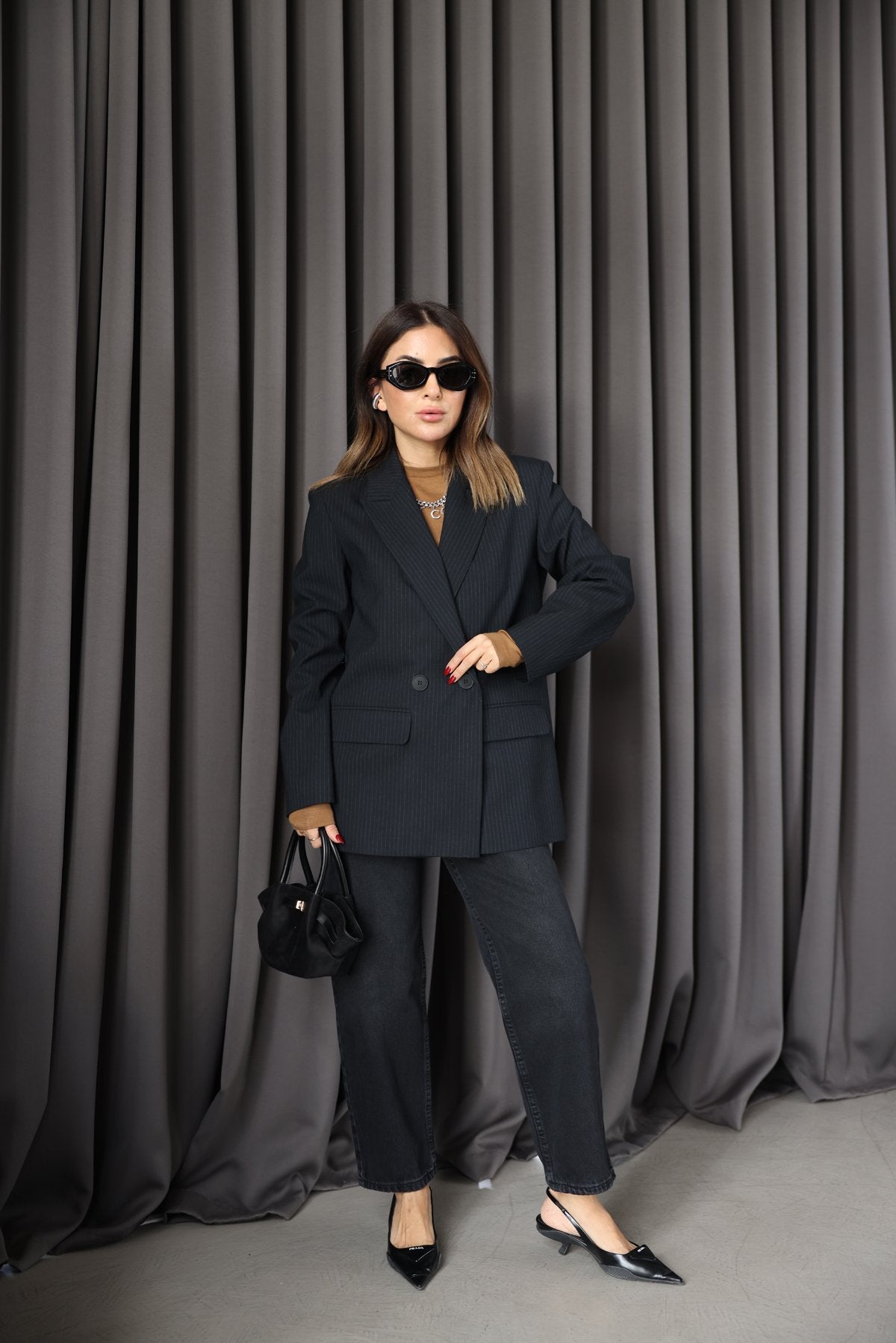 Kruvaze Yaka Çizgili Blazer Ceket