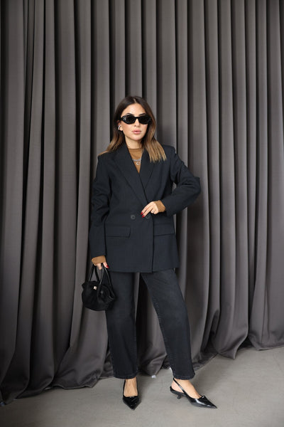 Kruvaze Yaka Çizgili Blazer Ceket