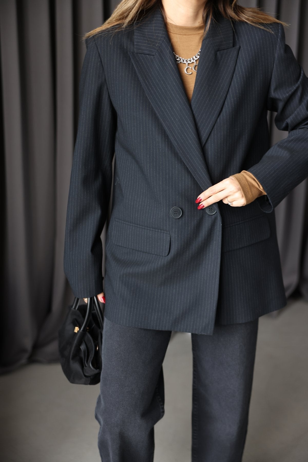 Kruvaze Yaka Çizgili Blazer Ceket