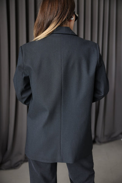 Kruvaze Yaka Çizgili Blazer Ceket