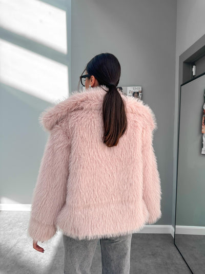 Pudra Pembe Kruvaze Premium Kürklü Kaban