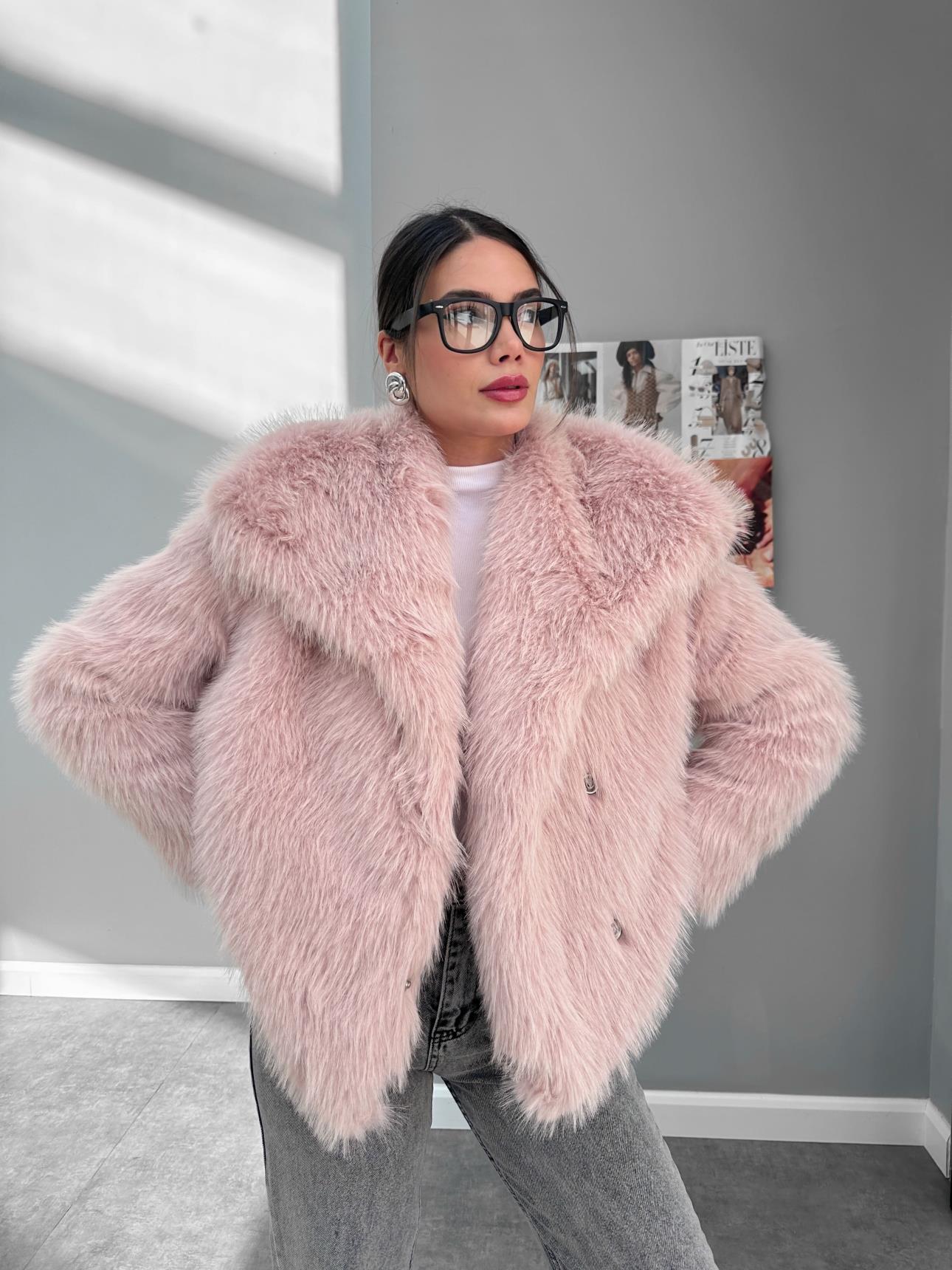 Pudra Pembe Kruvaze Premium Kürklü Kaban