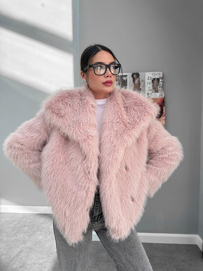 Pudra Pembe Kruvaze Premium Kürklü Kaban