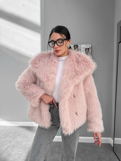Pudra Pembe Kruvaze Premium Kürklü Kaban