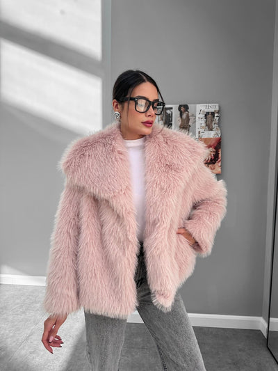 Pudra Pembe Kruvaze Premium Kürklü Kaban